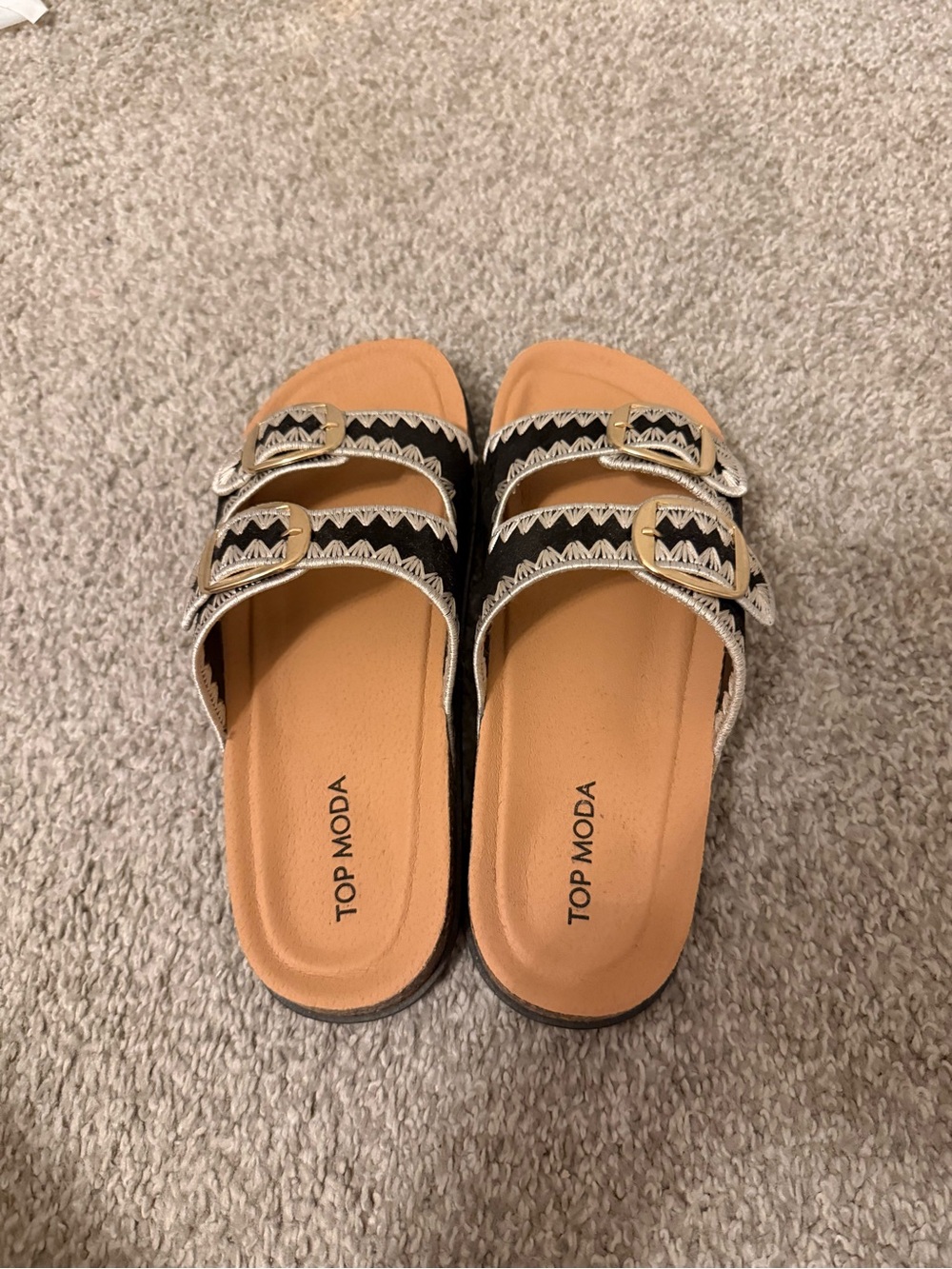 TOP Moda Black and Tan Buckle Slide Sandals with Zigzag Trim